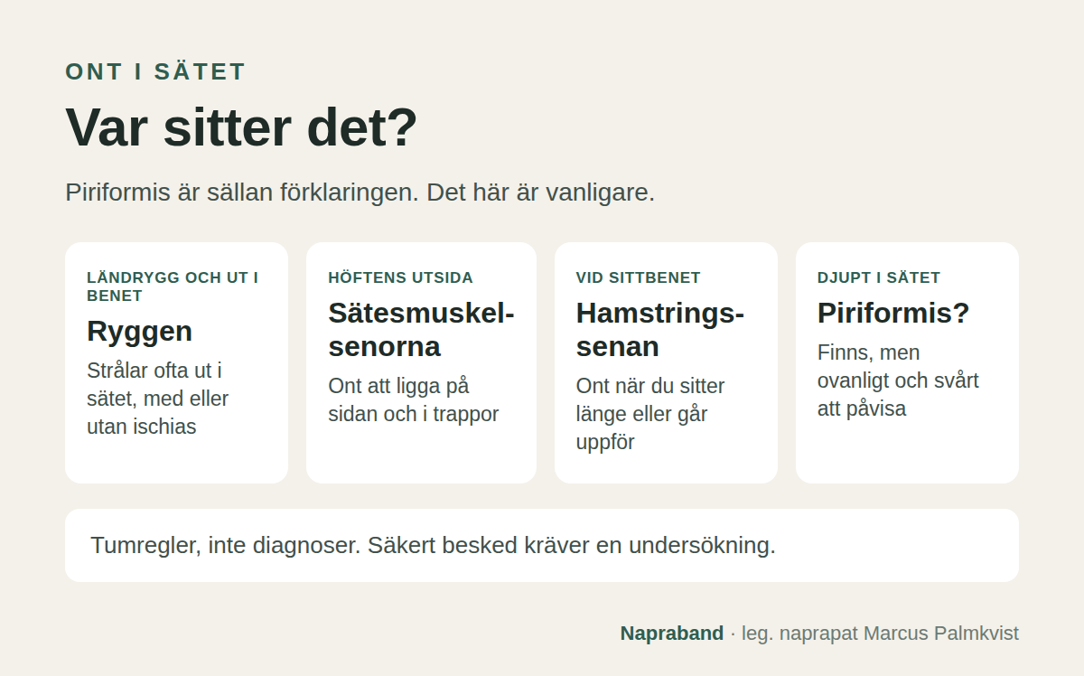 Var sitter smärtan i sätet? Vid sittbenet: hamstringssenan. På höftens utsida: sätesmuskelsenorna. Ländrygg och ut i benet: nerv eller rygg. Djupt i sätet: kan vara piriformis men är ovanligt