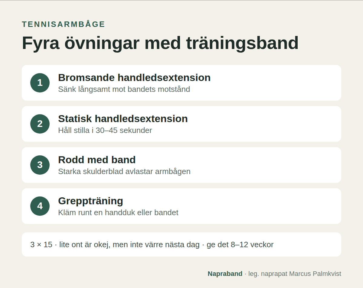 Övningar vid tennisarmbåge med träningsband: bromsande handledsextension, statisk handledsextension, rodd och greppträning