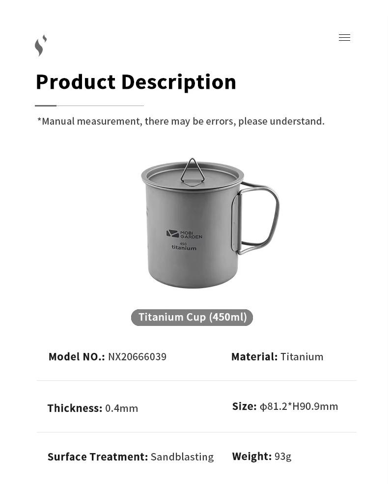 Produktspezifikation für den Mobi Garden Titanbecher: Titan, 0,4 mm Dicke, 93 Gramm