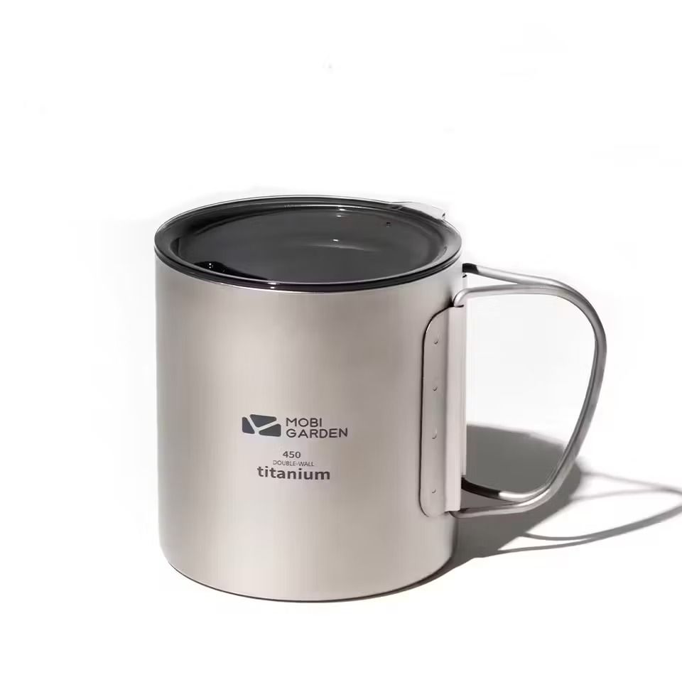 Mobi Garden titanium mugg double-wall, 450 ml, med hopfällbart handtag