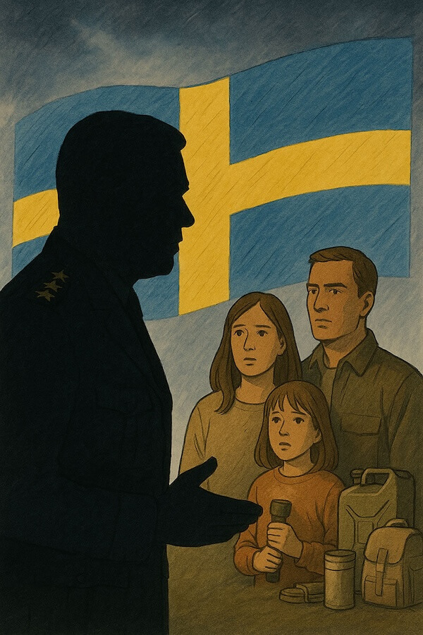 Silhuett av svensk militärbefälhavare inför en svensk flagga som talar till en familj med krisutrustning