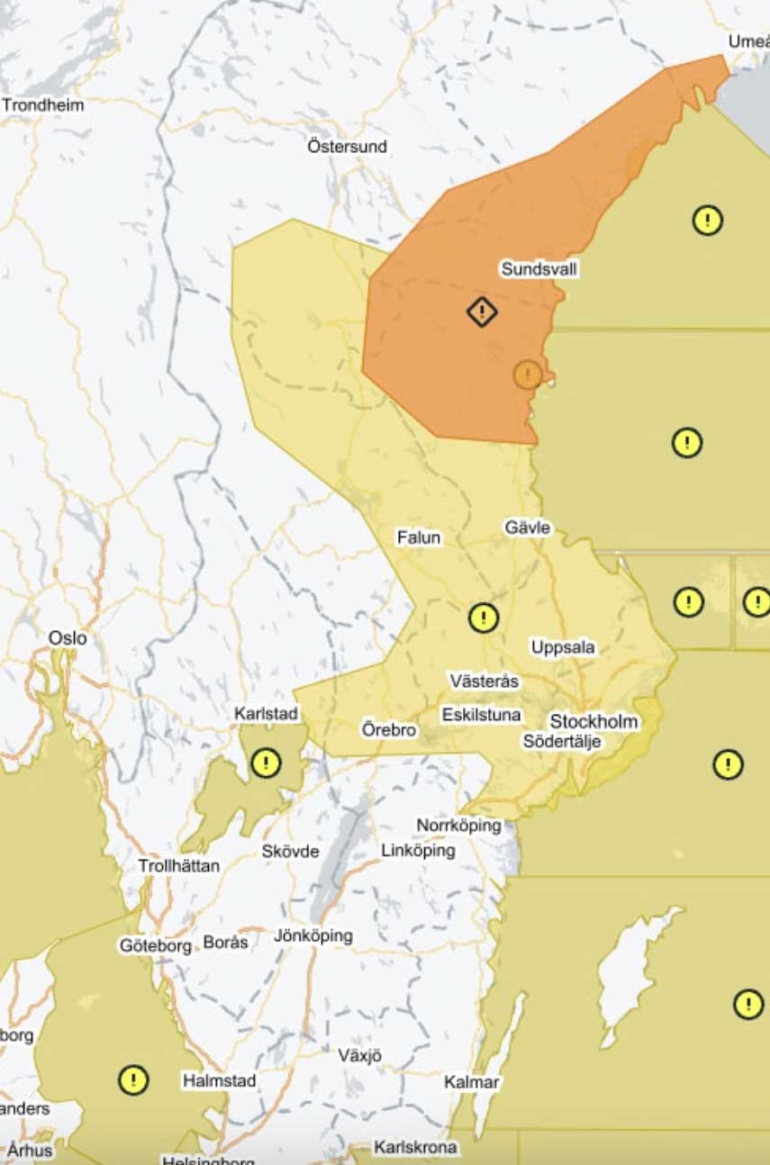 Karta över berörda områden enligt SMHI