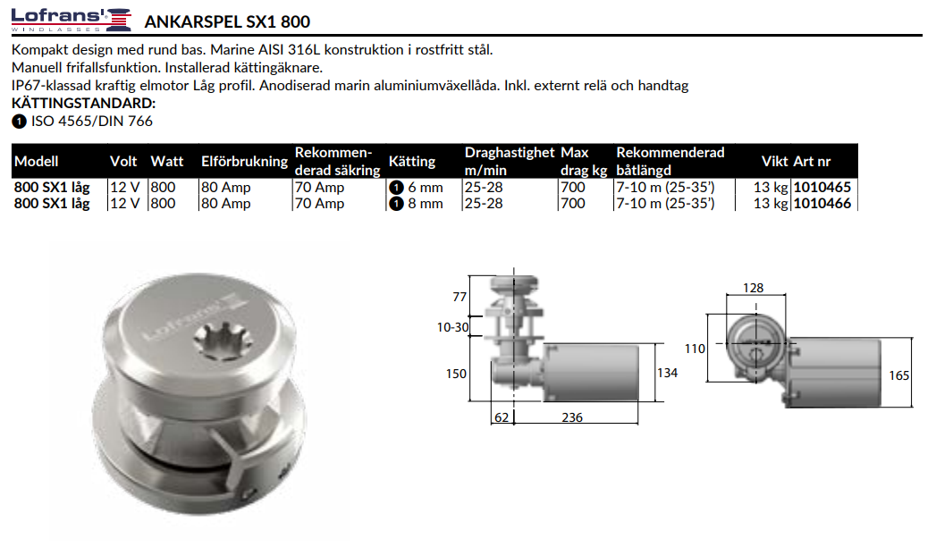 Lofrans SX1 ankarspel 12V 800W DIN 766 kätting 8mm 548 LofransSX1