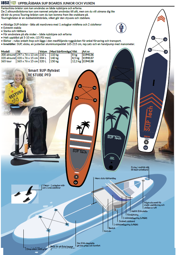 1852 Touring SUP bräda 365x15 cm med pump, väska, paddel 677 1852supar