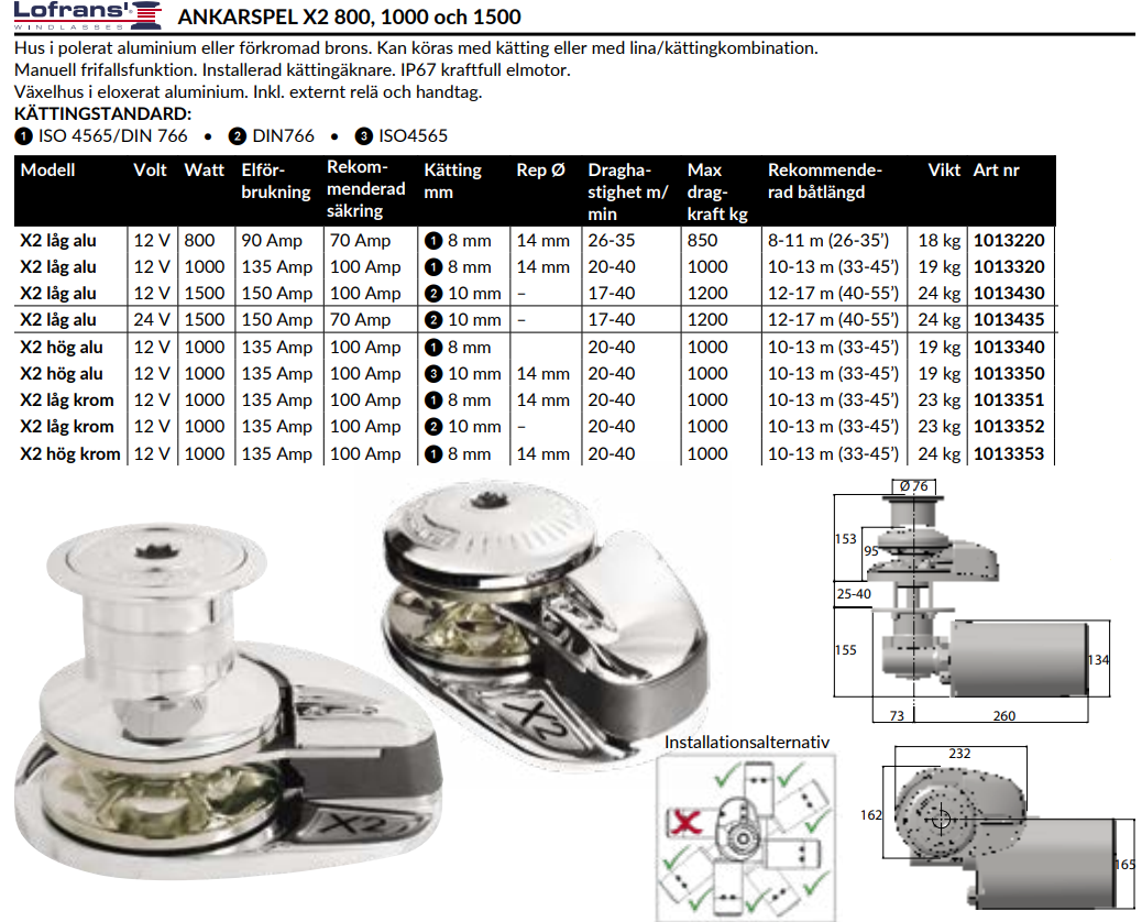 Lofrans ankarspel X2 alu 12V 1000W låg kätting 8mm /14mm lin 907 LofransX2