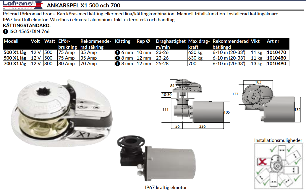 Lofrans X1 ankarspel 12V 500W DIN 766 kätting 6mm, lina 10/1 LofransX1