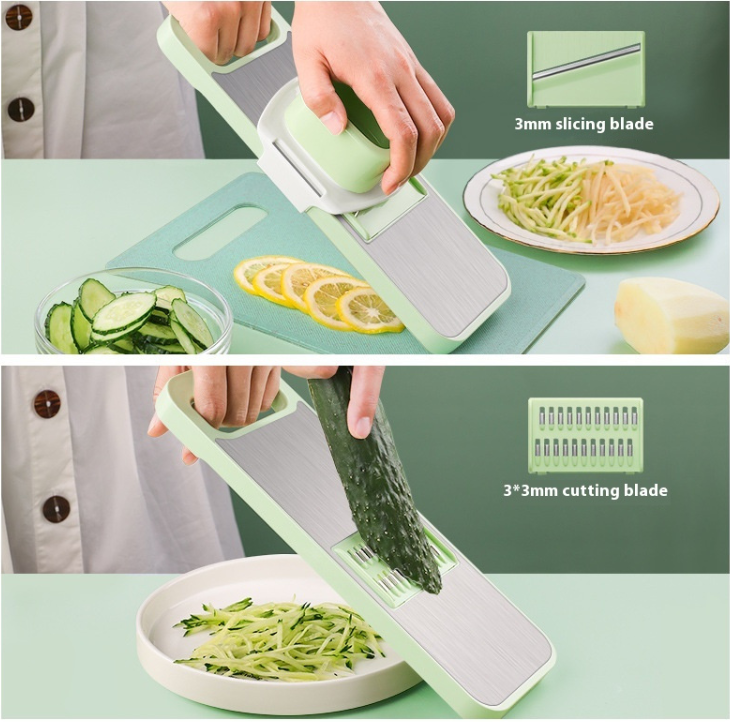 Manuell grönsaksskärare i rostfritt stål – 5-i-1 med handsenskydd och uppsamlingskopp