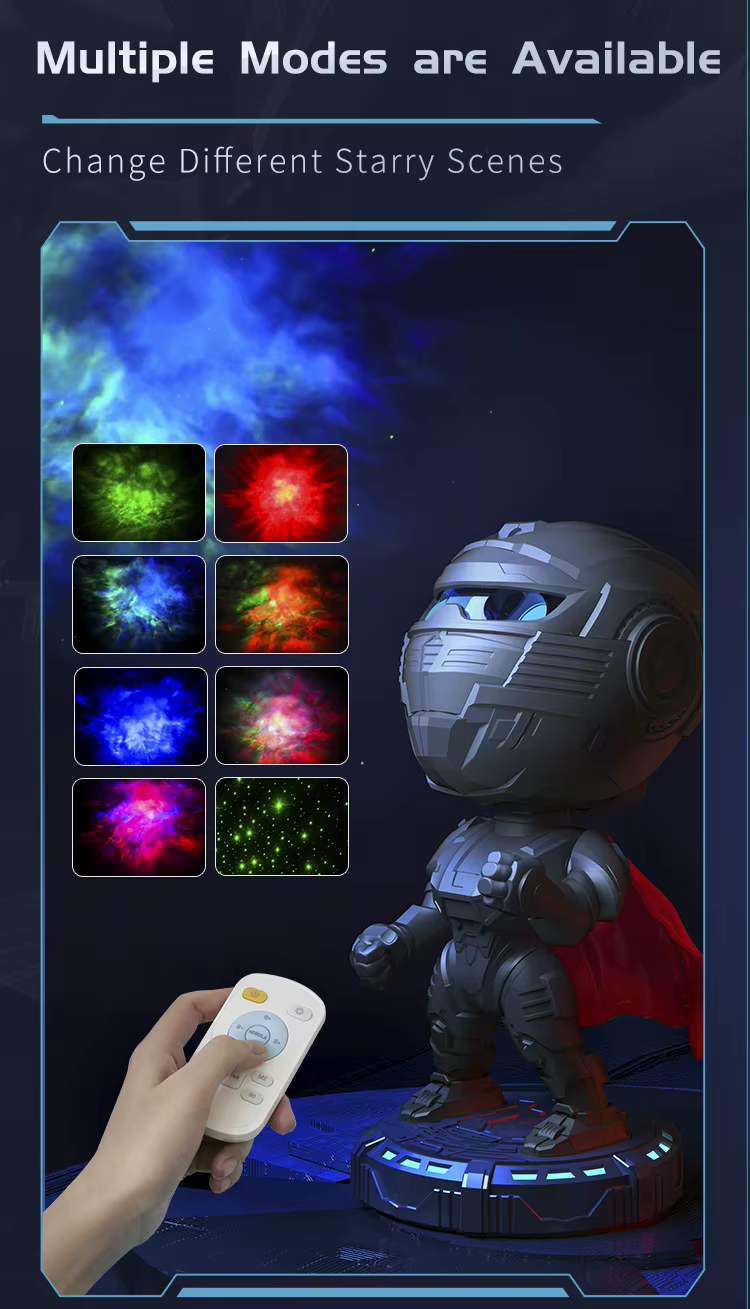 Barnrum belyst av Mecha Knight Galaxy Projector med färgskiftande nebulosa