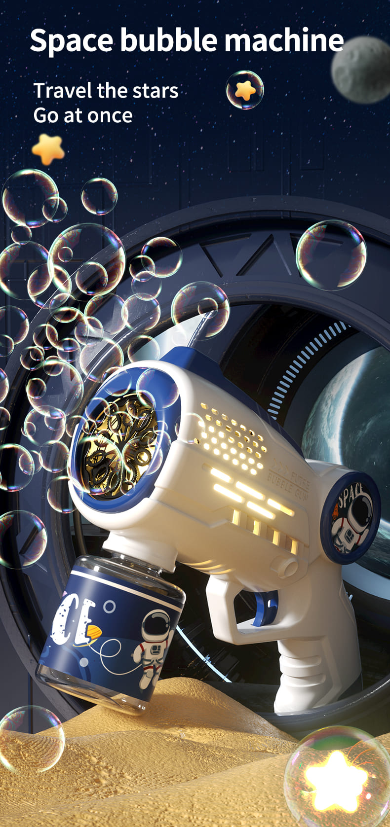 Astronaut såpbubbelpistol med LED-ljus för utomhuslek