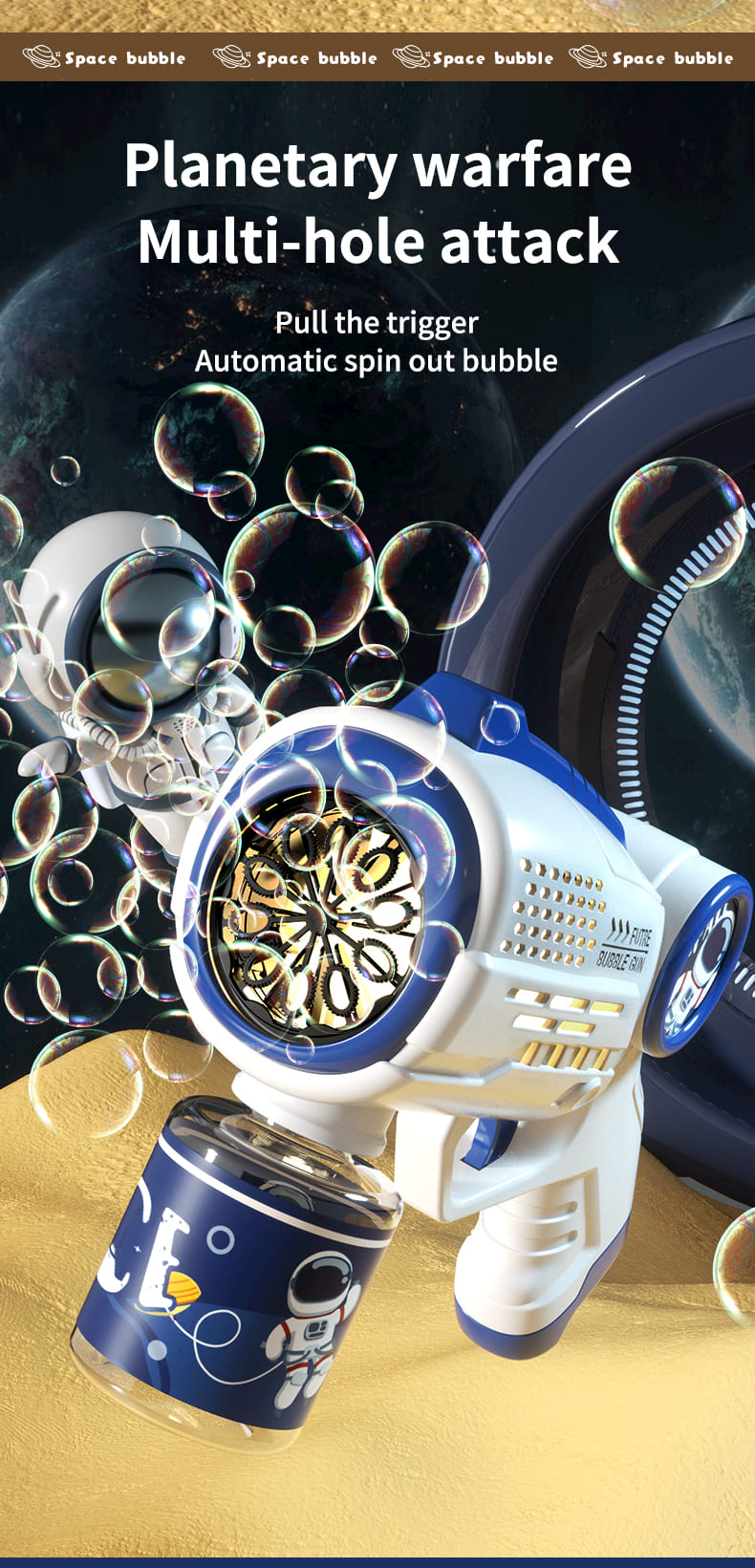 Astronaut såpbubbelpistol med LED-ljus för utomhuslek