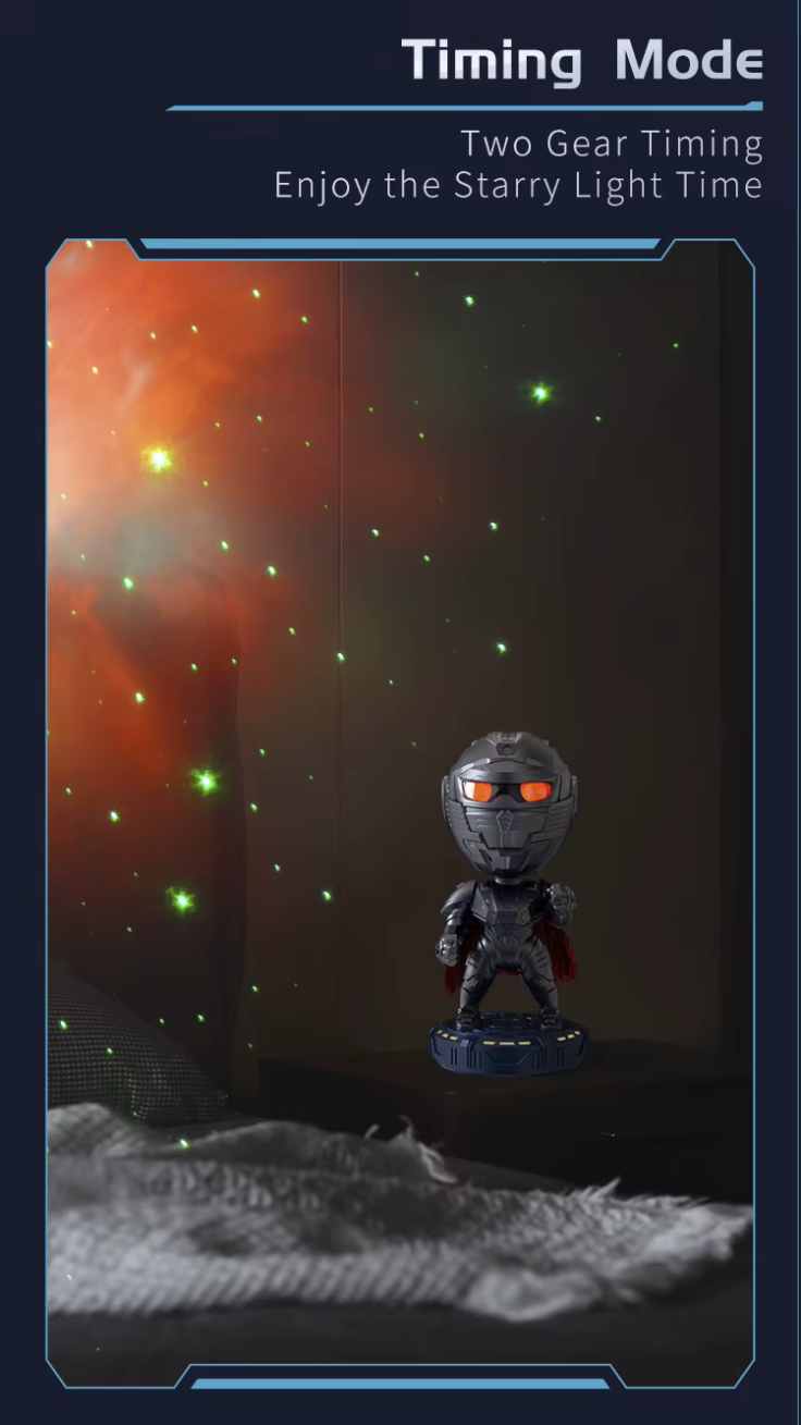 Närbild på robotformad galaxprojektor med typ-C-anslutning