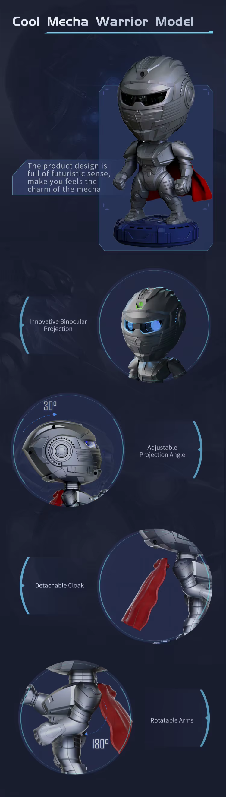 Mecha-designad stjärnprojektor med LED-ögon och justerbart projiceringshuvud