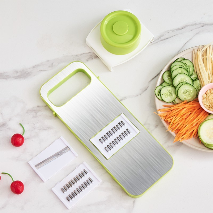 Manuell grönsaksskärare i rostfritt stål – 5-i-1 med handsenskydd och uppsamlingskopp