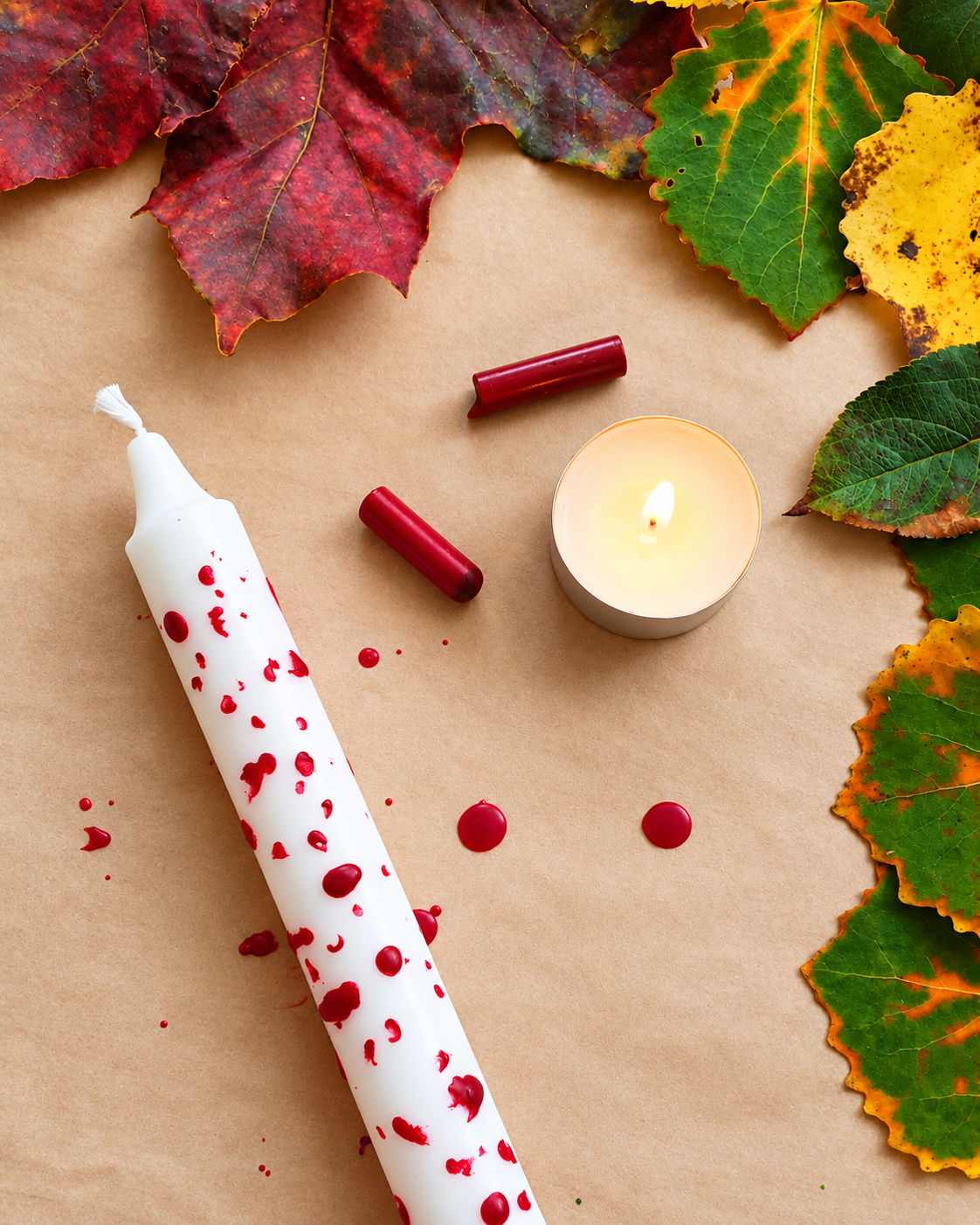 Blodstänkt vitt halloweenljus dekorerat med röda vaxfläckar