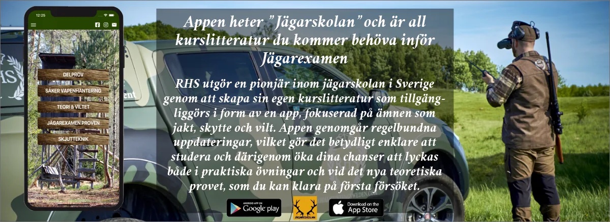 Appen Jägarskolan i en mobil: kurslitteraturen inför jägarexamen, med delprov, vapenhantering, teori och skjutteknik.
