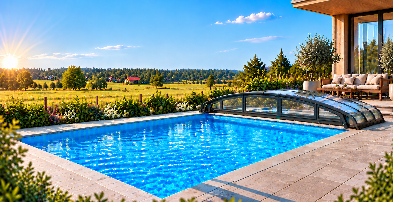 Nedgrävd pool med skjutbart pooltak i trädgård