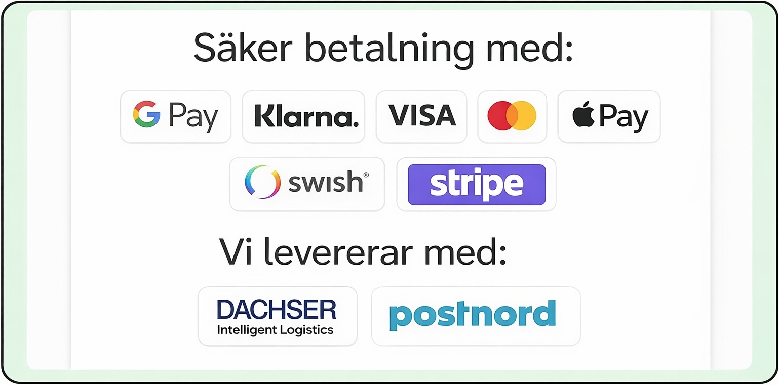 Säker betalning med G Pay, Klarna, VISA, Mastercard, Apple Pay, Swish, Stripe. Vi levererar med Dachser och PostNord.