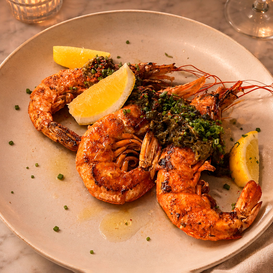 Grillade räkor med örtdressing, citron och chiliolja med svart vitlök