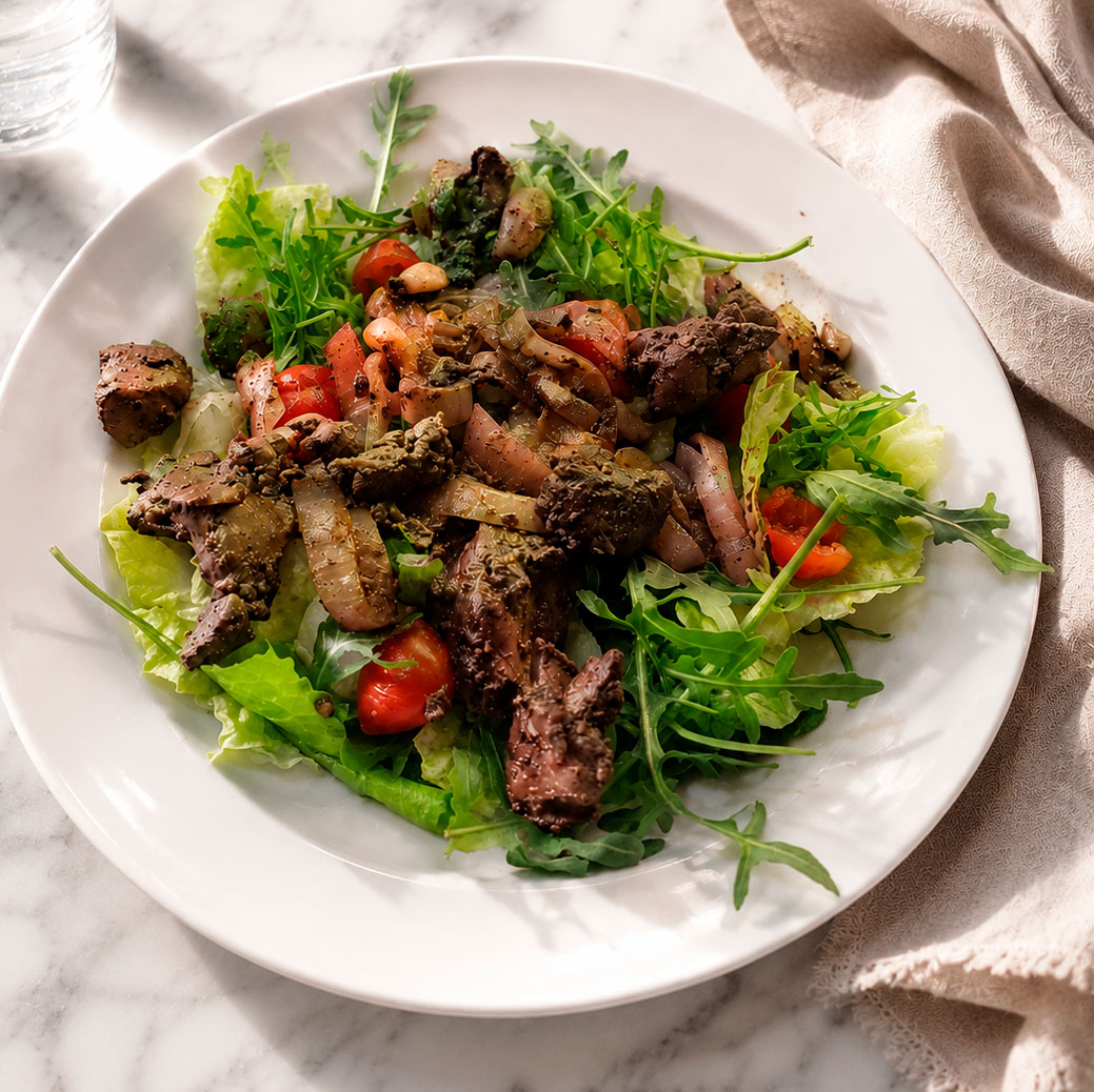 Kycklinglever med hallonvinäger, schalottenlök, tomater och sallad