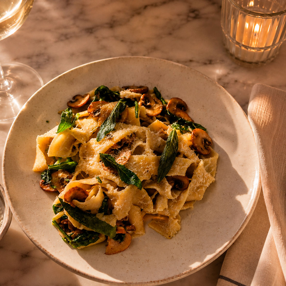 Krämig pasta med svamp, parmesan, salvia och naturlig tryffelolja
