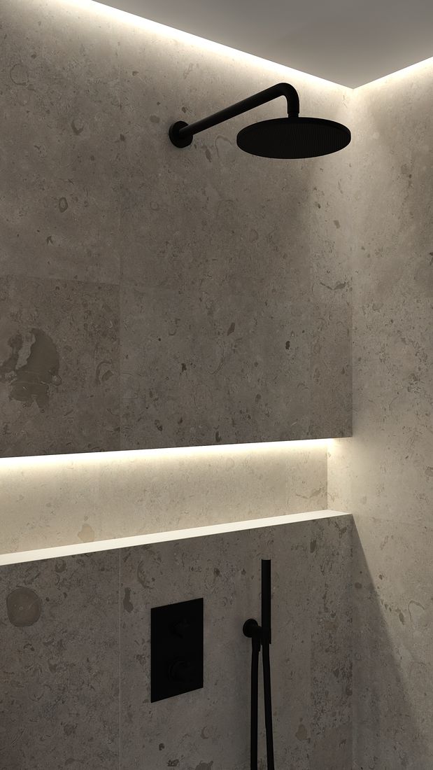3D-visualisering: dusch i grå kalkstensklinker med mattsvart takdusch