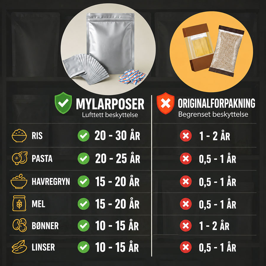 Krisskydd Mylarposer for langtidslagring av mat