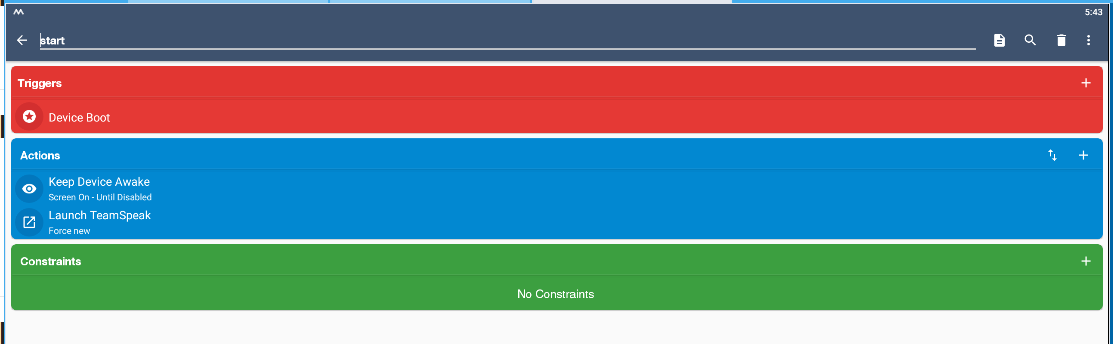 Ferdig MacroDroid-makro (Device Boot + Keep Device Awake + Launch TeamSpeak)