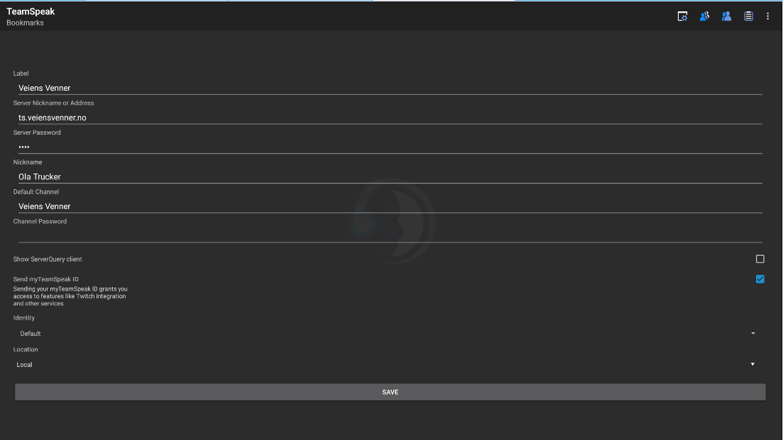 TeamSpeak bokmerkeoppsett (Veiens Venner)