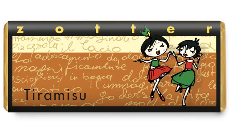 Zotter Tiramisu  är en pralin variant av den klassiska italienska desserten. Med Zotters/ Andreas H. Gratzes konstnärliga omslag.