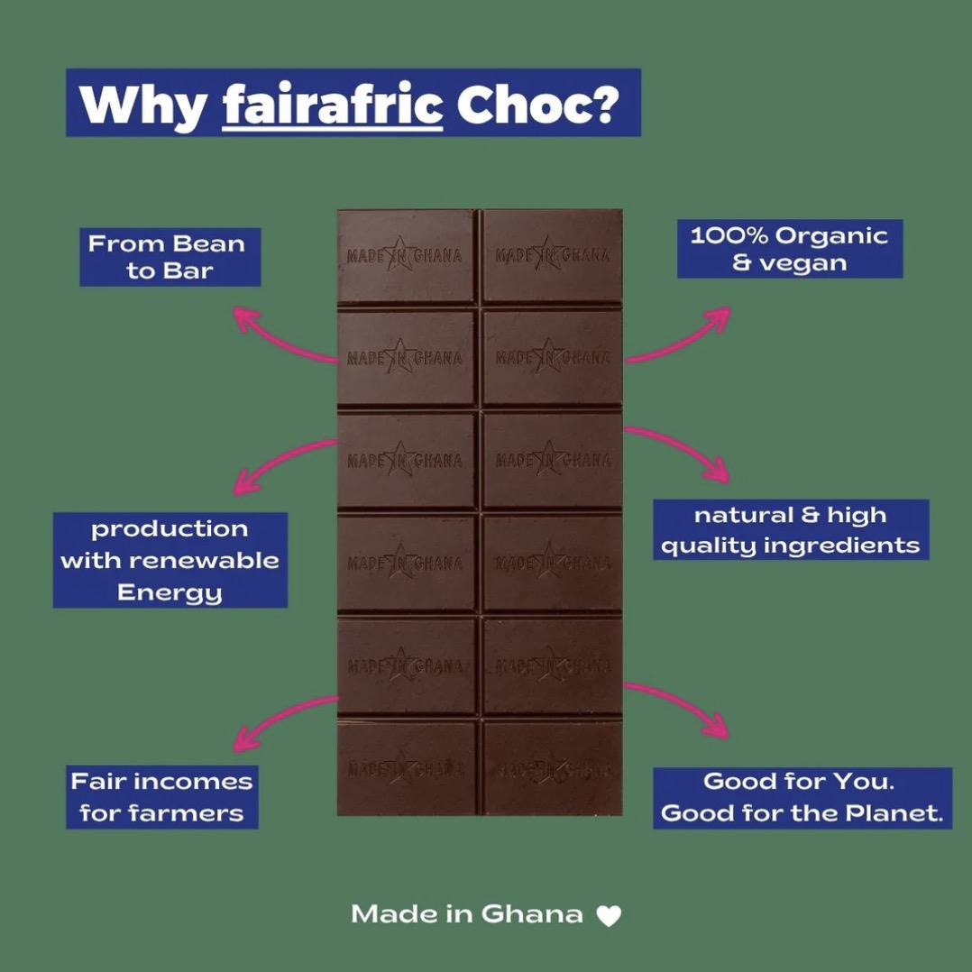 Fairafric choklad: prdicerad i Ghana, ekologisk, klimatsmart produktion,  Fairtrade-priser för råvarorna. 
