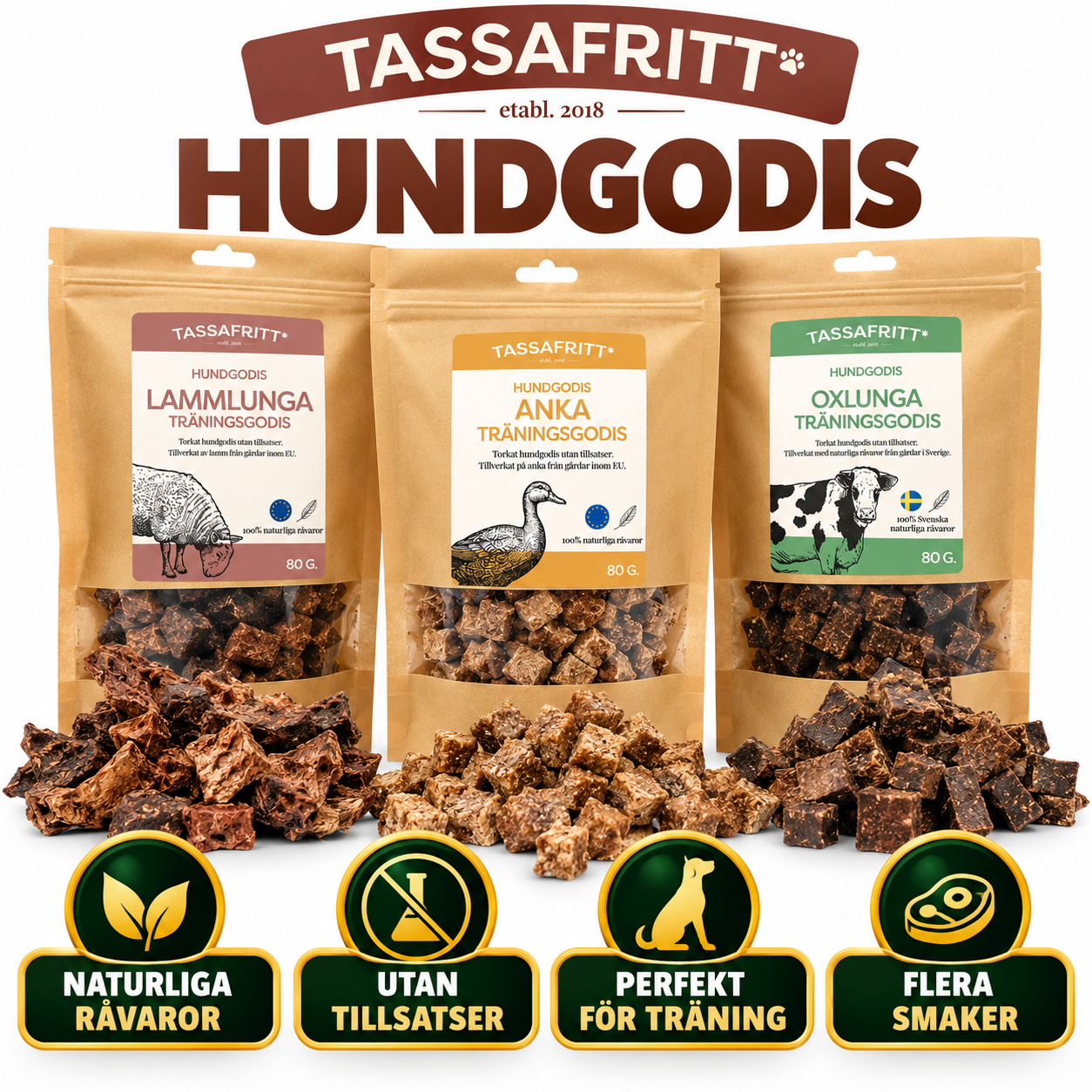 TassaFritt naturligt hundgodis utan tillsatser – träningsgodis av kött, fisk och vilt hos LexNox Hundshop.