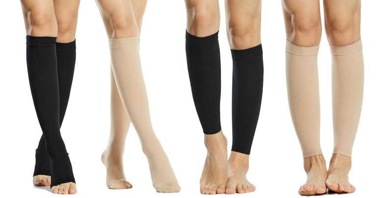 Olika typer av stödstrumpor, svart och beige.