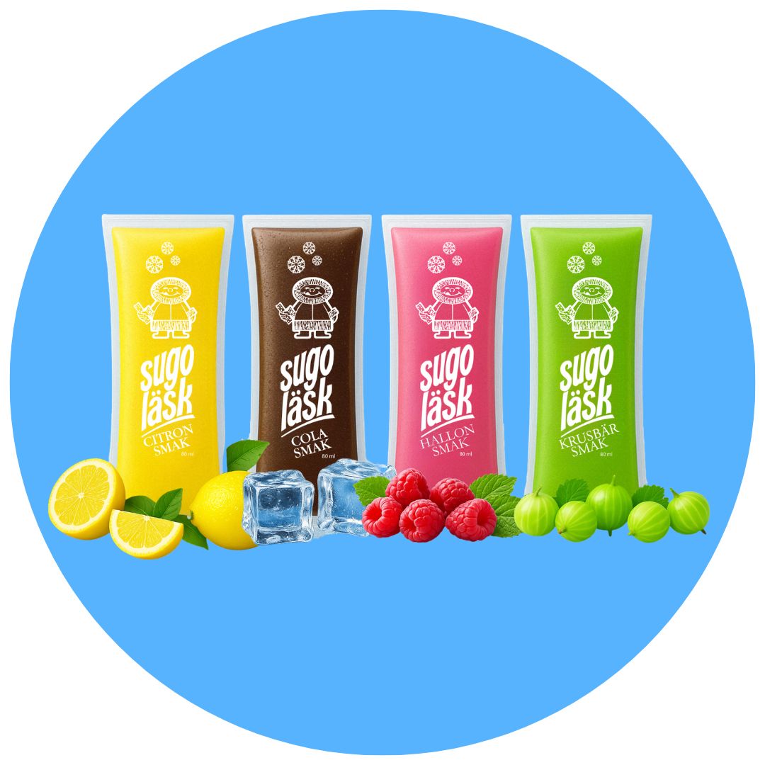 Sugoläsk isglass citron, isglass cola, isglass hallon, isglass krusbär