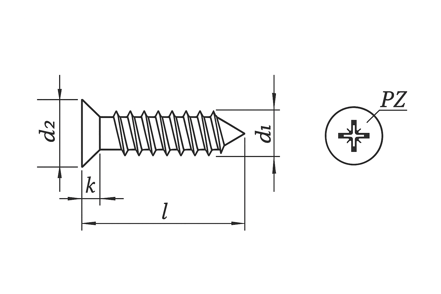 Teknisk ritning för plåtskruv DIN 7982 A4 PZ Pozidrive med försänkt huvud, måttangivelser d1, d2, k och PZ.