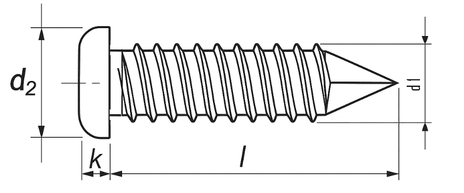Teknisk ritning för plåtskruv DIN 7981 / ISO 14585 FZB med kullrigt huvud och Torx-spår, inklusive mått för d1, d2, k och Torx-storlek.