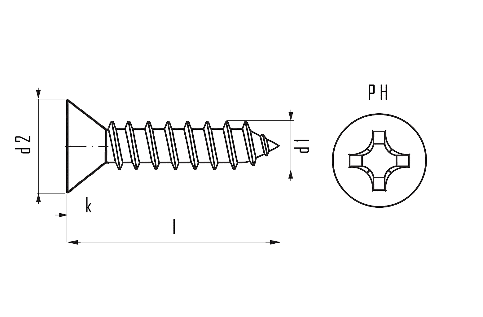 Teknisk ritning för plåtskruv DIN 7982 / ISO 7050 FZB med försänkt huvud och Phillips-spår. Måttangivelser för d1, d2, k och PH-storlek.