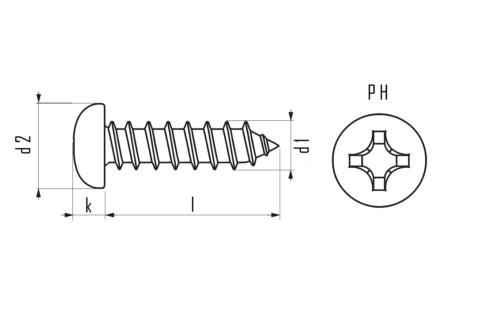 Teknisk ritning för plåtskruv DIN 7981 / ISO 7049 FZB med kullrigt huvud och Phillips-krysspår, med måttangivelser d1, d2, k och PZ-storlek.