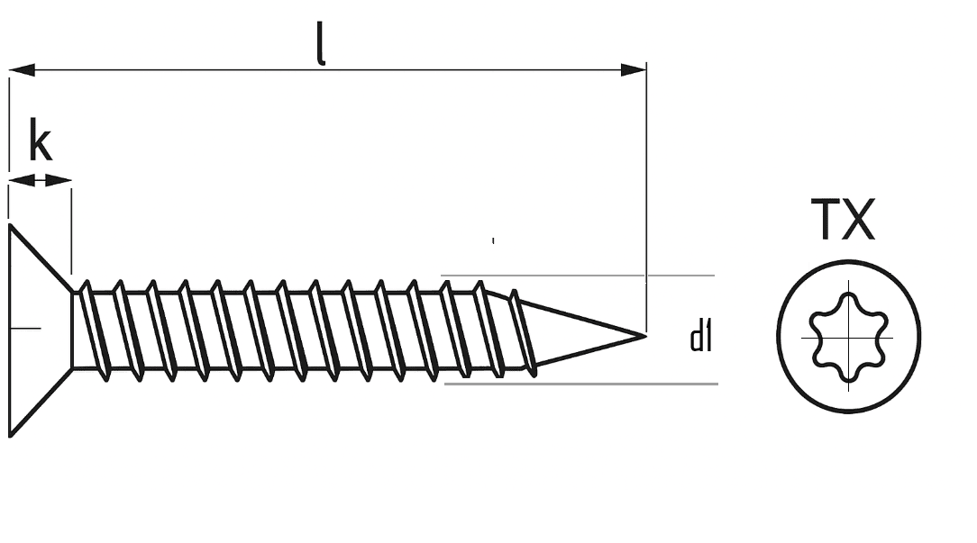 Teknisk ritning för plåtskruv rostfri A4 DIN 7982 / ISO 14586 Torx försänkt huvud med måttangivelser d1, d2, k och Torx-storlek