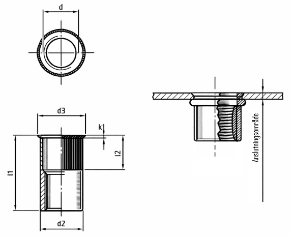 Ritning – nitmutter A4 syrafast med litet försänkt huvud, runt räfflat skaft och öppen ände (mått: d, d2, d3, k, l1, l2 samt grip range)