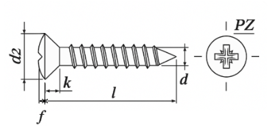 Teknisk ritning för plåtskruv DIN 7983 A4 PZ Pozidrive kullerförsänkt huvud, måttangivelser d1, d2, k, f och PZ