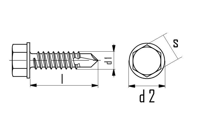 Teknisk ritning för plåtskruv DIN 7504 K med fläns och sexkantshuvud, FZB blankförzinkad, med borrspets. Mått d1, d2 och s.