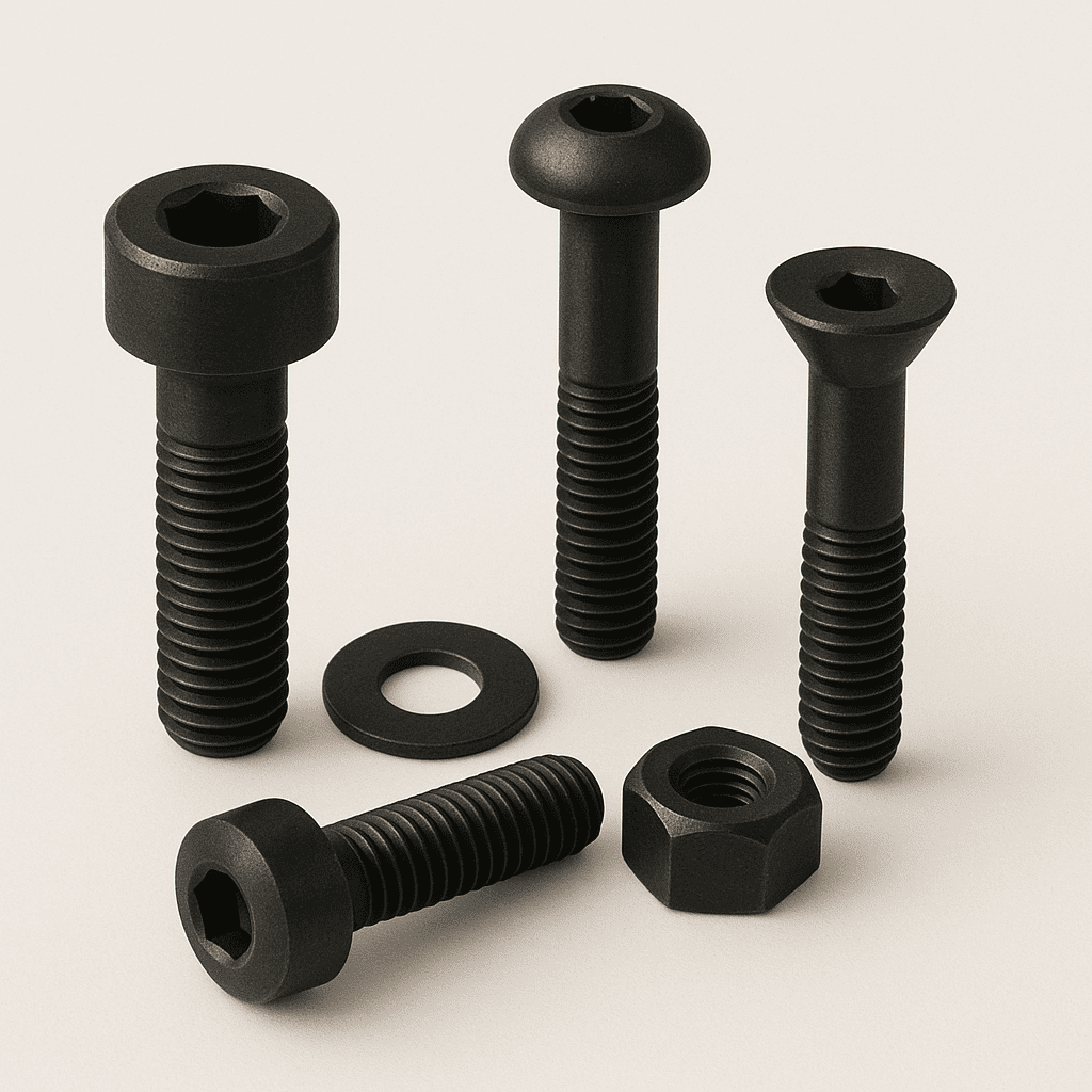 Svart rostfri A4 – DIN 912, ISO 7380, ISO 10642 samt bricka DIN 125 och mutter DIN 934 i svartoxid