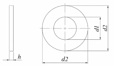 Teknisk ritning av TUM plan bricka blankförzinkad (FZB) med måtten d1 (innerdiameter), d2 (ytterdiameter) och h (tjocklek)