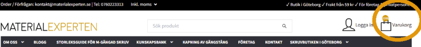 Varukorg hos Materialexperten där det står att en del av ordern dellevereras direkt och resterande har cirka en veckas ledtid