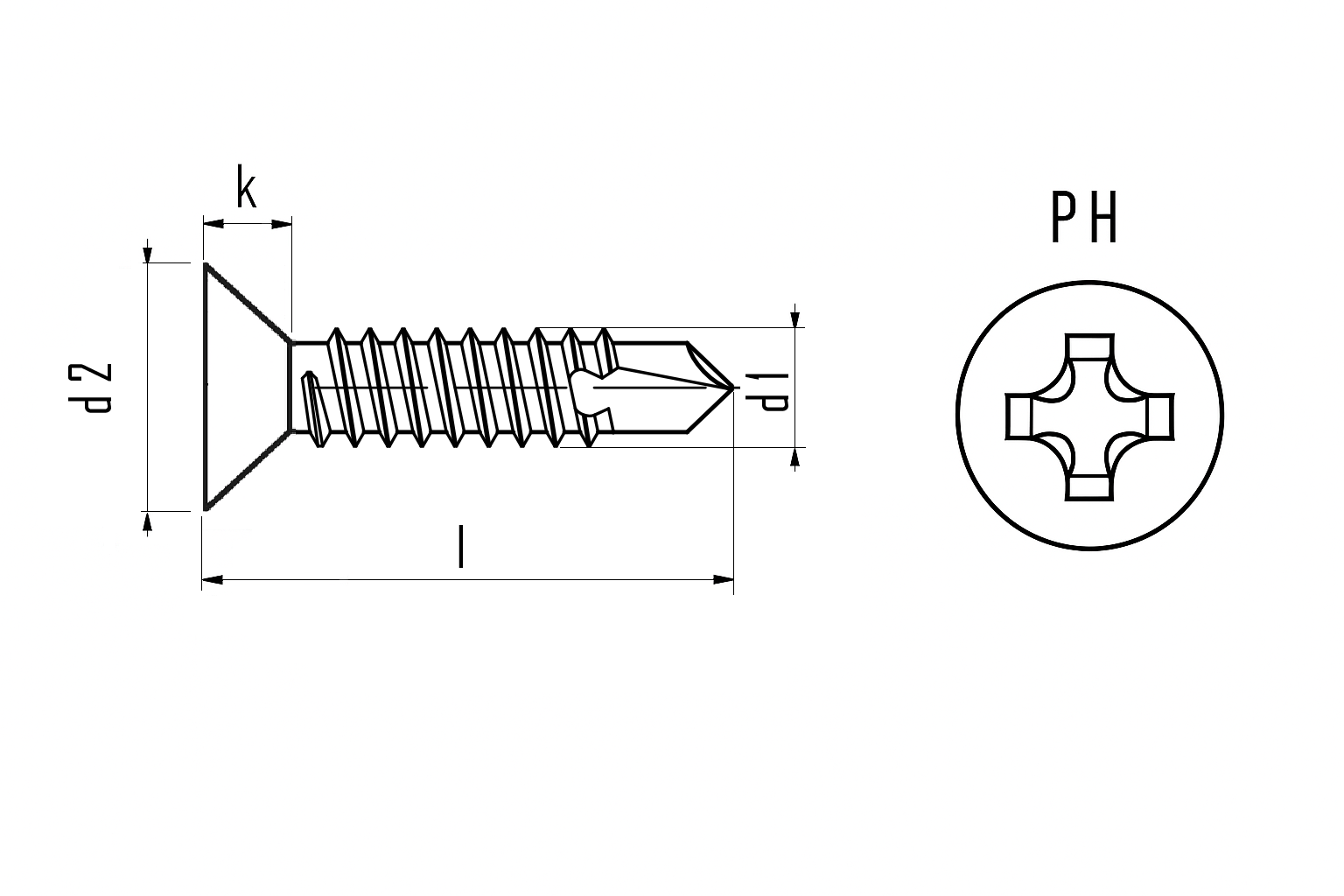Teknisk ritning för plåtskruv DIN 7504 FXS-B PH Phillips med försänkt huvud och borrspets. Måttangivelser för d1, d2, k och PH-storlek.