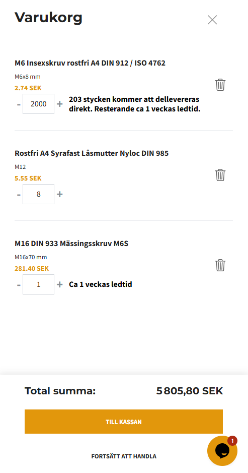 Varukorg hos Materialexperten där ledtid visas som en kort rad under en artikel