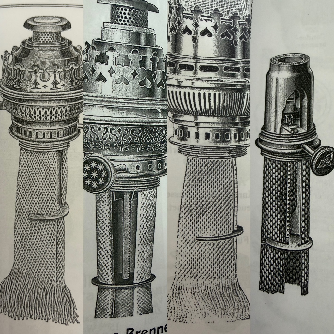 Skisser över stora fotogenlampsbrännare med vekhissar undertill