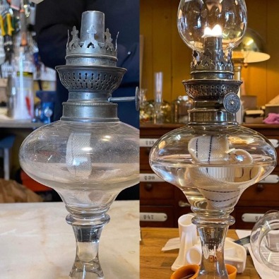 En gammal fotogenlampa som renoverats till nyskick