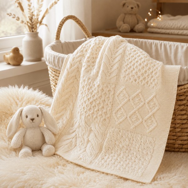 Ljus stickad babyfilt i ett rofyllt barnrum med naturmaterial