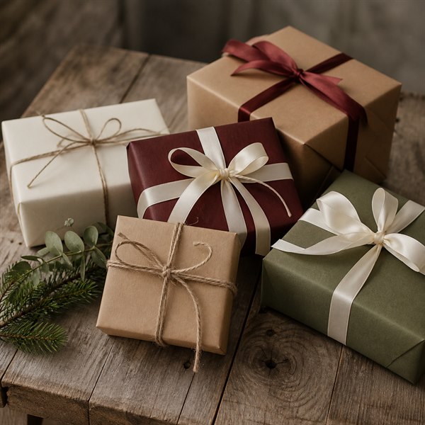 Inslagna julklappar i varma naturtoner på ett rustikt träbord